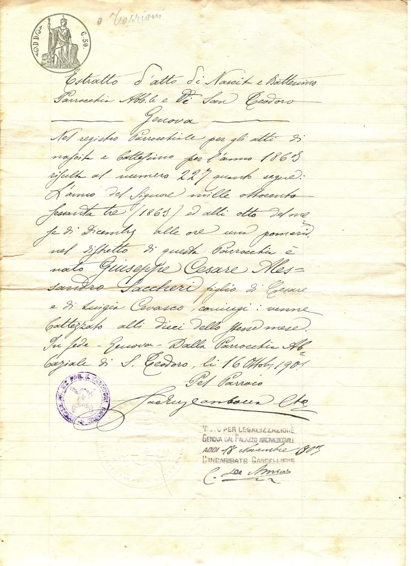 Estratto Atto di nascita di Giuseppe Sacheri