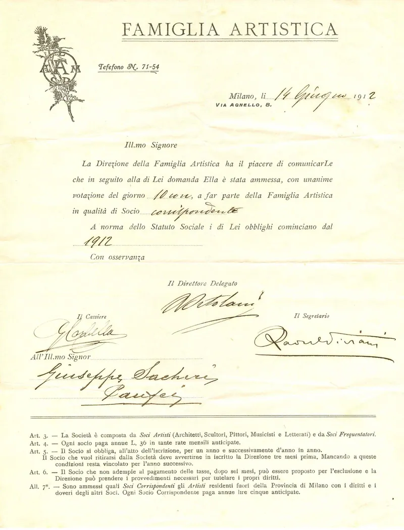 Lettera di ammissione a Famiglia Artistica