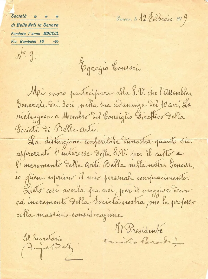 Rielezione a Membro del Consilio Direttivo Soc. Belle Arti