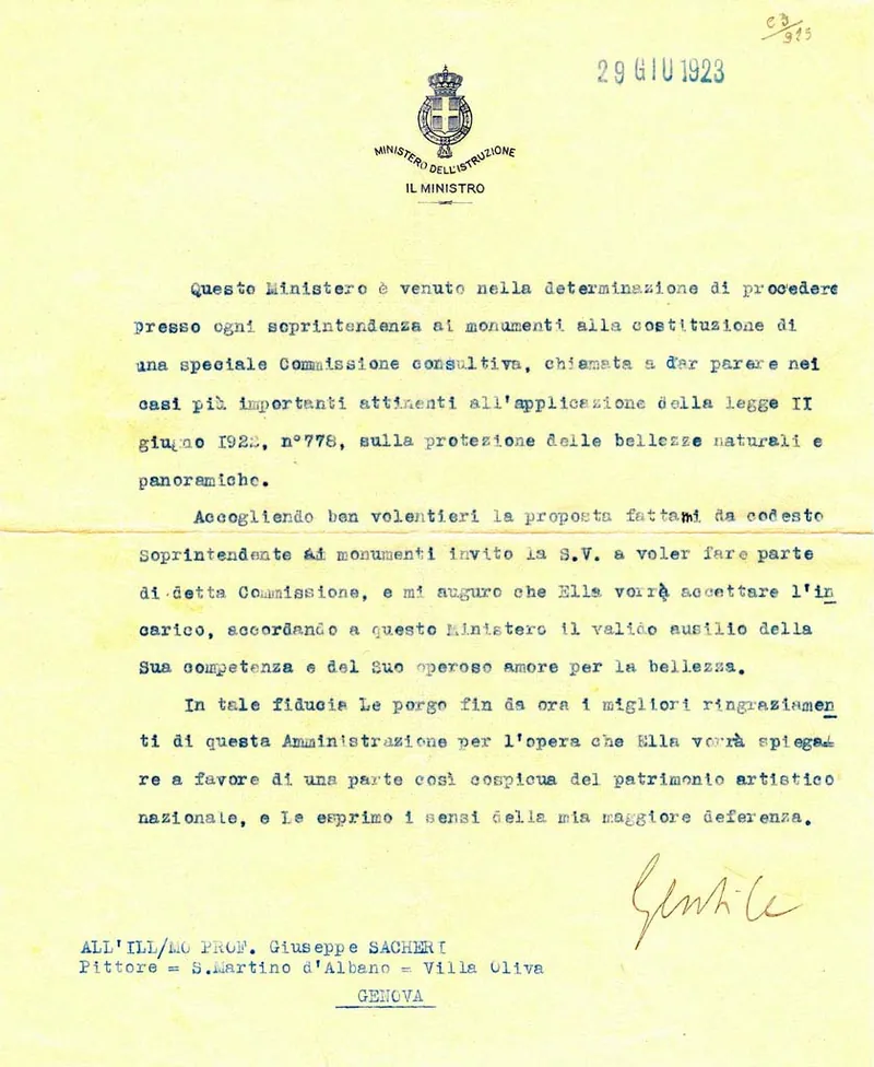 Nomina a far parte Comm. Consultiva Monumenti della Liguria 1