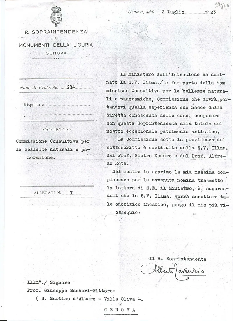 Nomina a far parte Comm. Consultiva Monumenti della Liguria 2