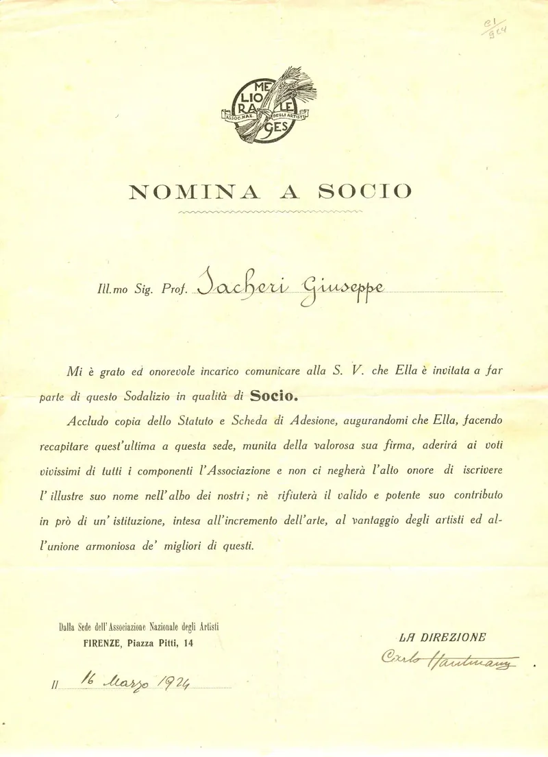 Nomina a socio Assoc. Naz. Artisti Firenze
