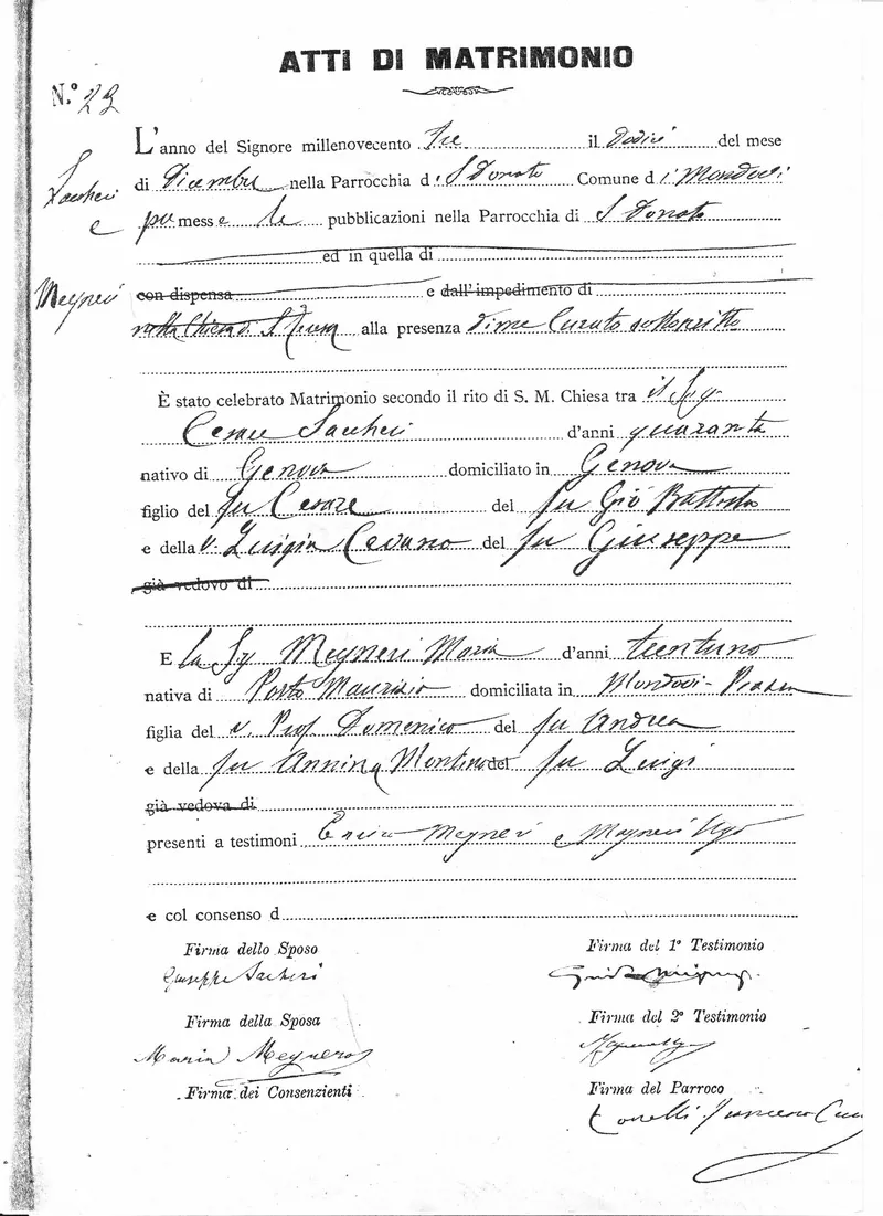 Atto di Matrimonio di Giuseppe Cesare Sacheri