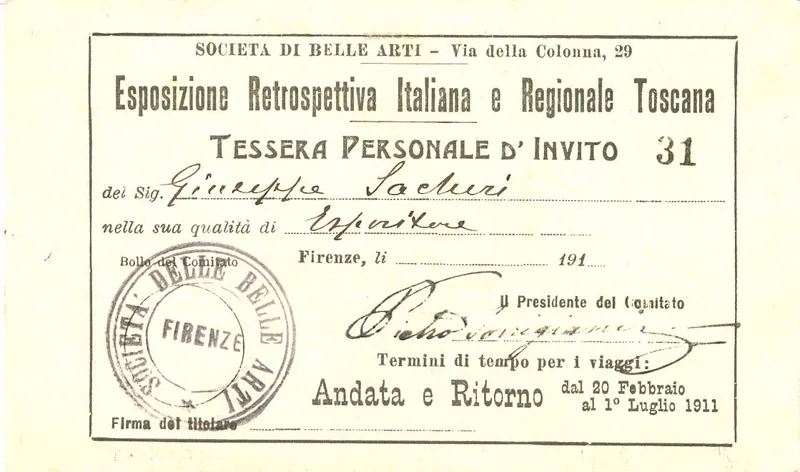 Tessera d’invito alla Retrospettiva Ital. e Reg. Toscana, Firenze